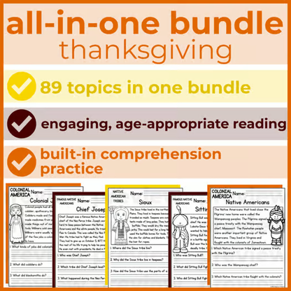 85+ Thanksgiving, Native & 13 Colonies Reading Comprehension Passages + Questions