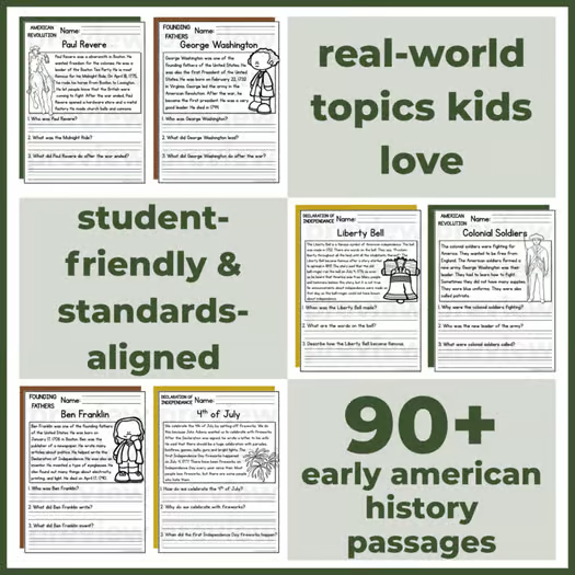 90+ Early American History Reading Comprehension Passages + Questions