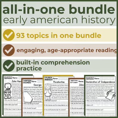 90+ Early American History Reading Comprehension Passages + Questions