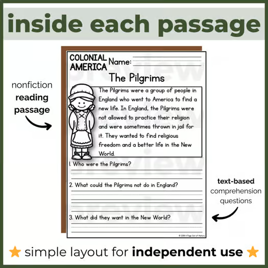 90+ Early American History Reading Comprehension Passages + Questions