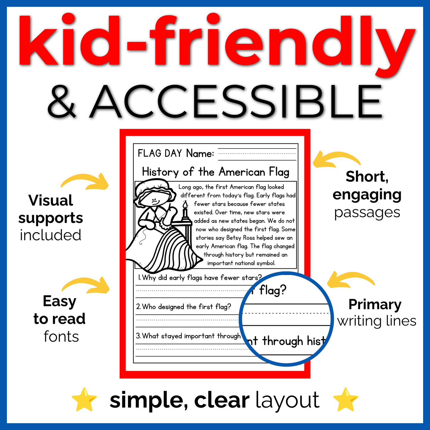 American Flag Reading Comprehension Passages+Questions