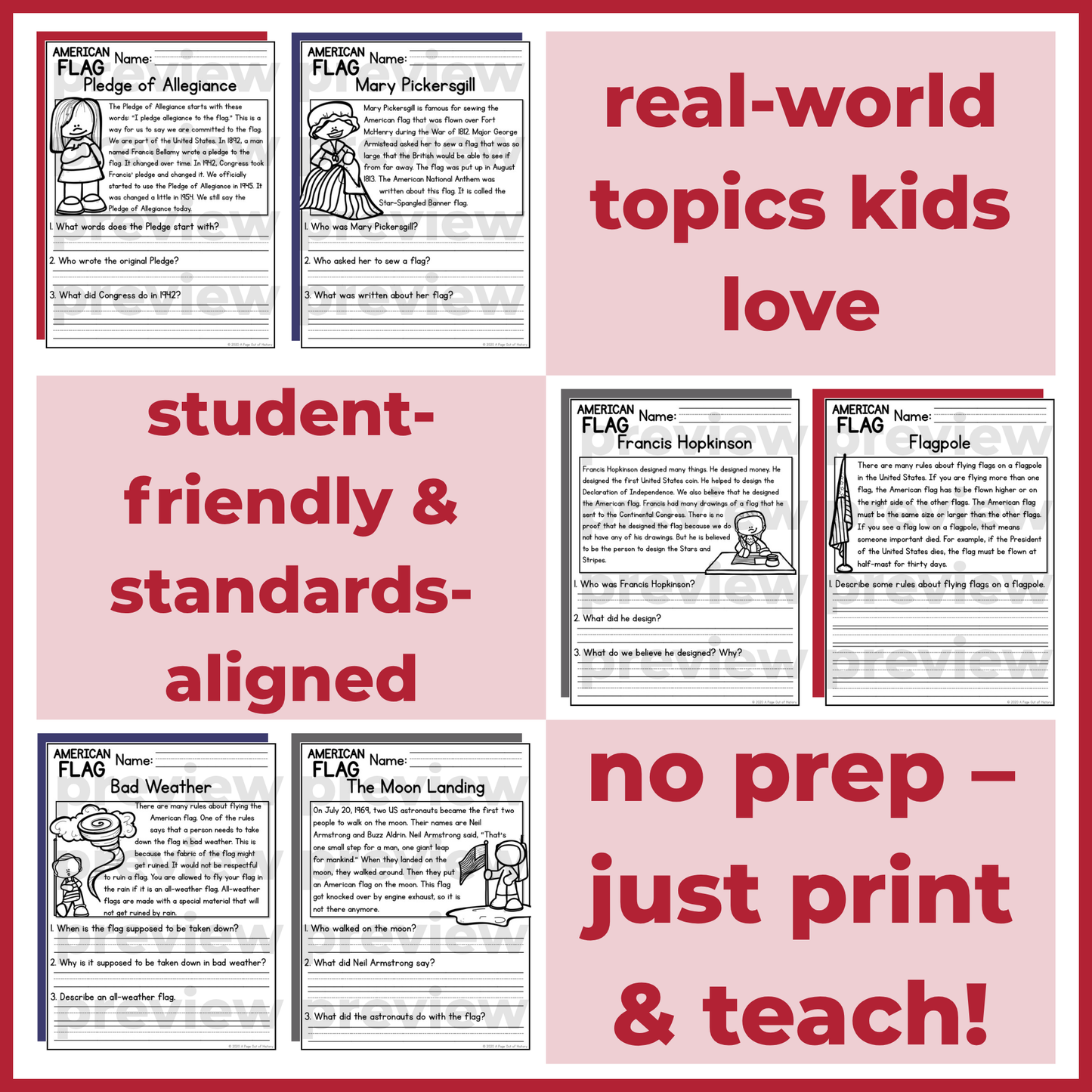 American Flag Reading Comprehension Passages + Questions