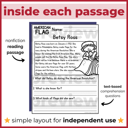 American Flag Reading Comprehension Passages + Questions