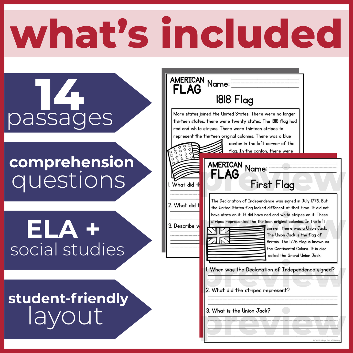 American Flag Reading Comprehension Passages + Questions