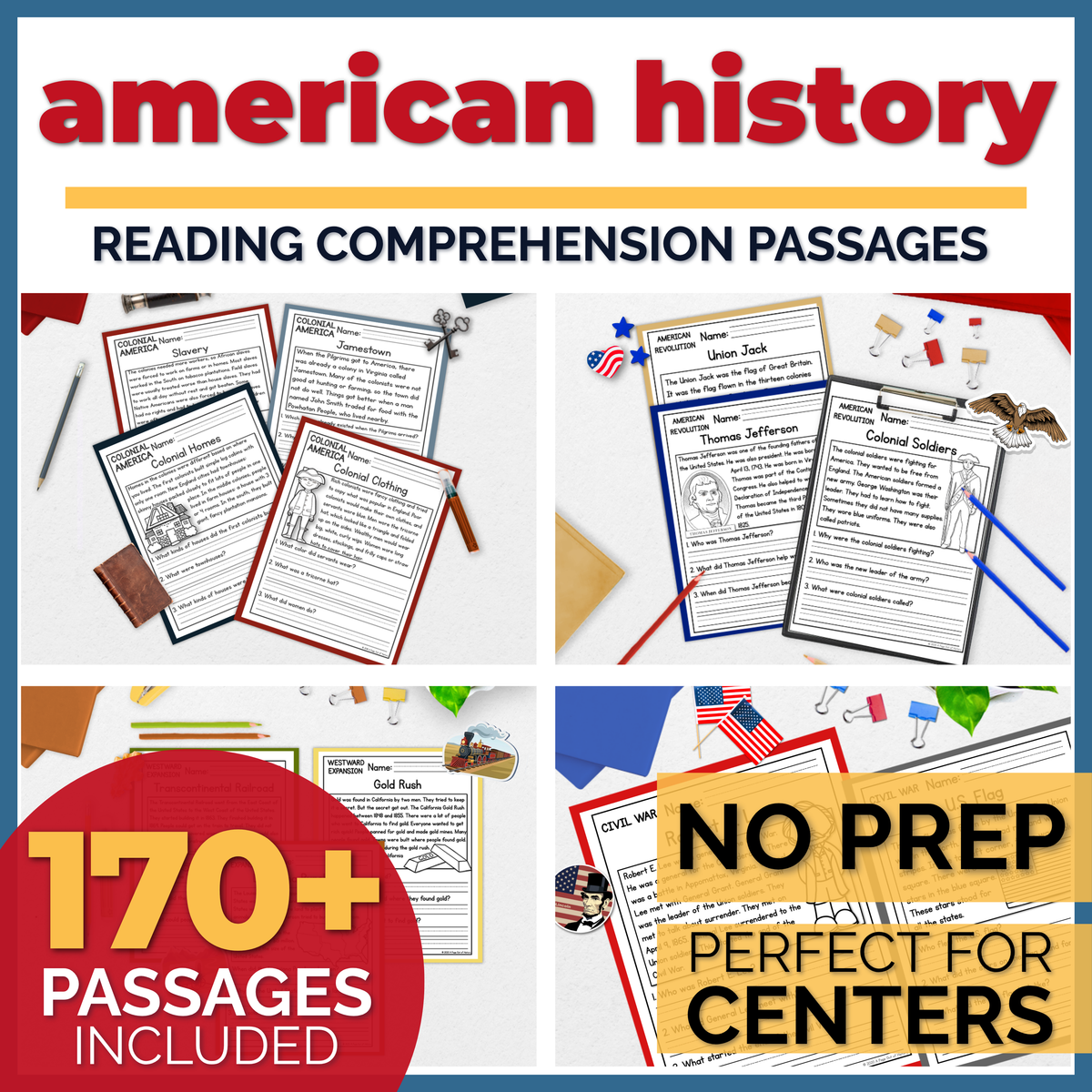 American History Reading Comprehension Passages + Questions