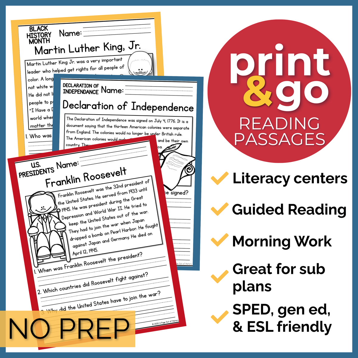 American History Reading Comprehension Passages + Questions