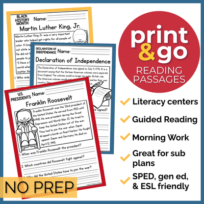 American History Reading Comprehension Passages + Questions