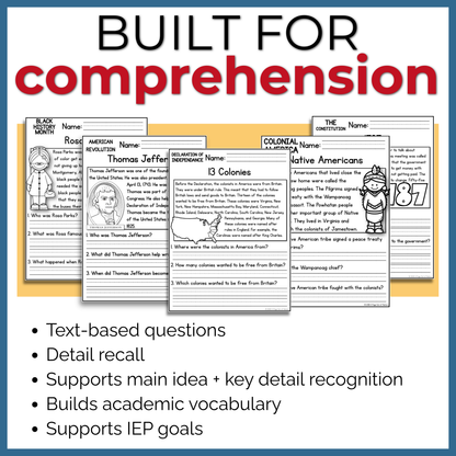 American History Reading Comprehension Passages + Questions