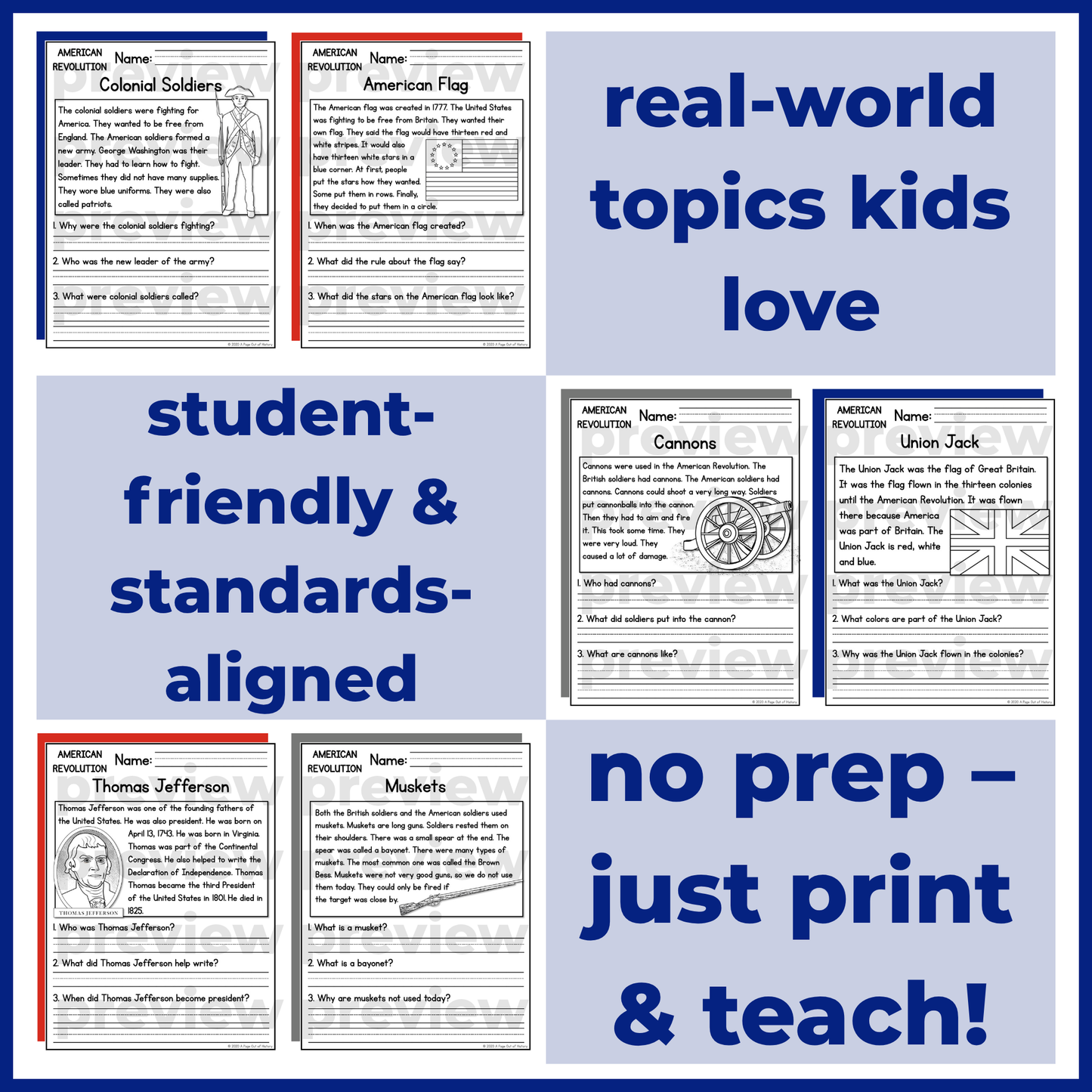 American Revolution Reading Comprehension Passages + Questions