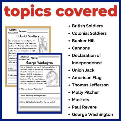 American Revolution Reading Comprehension Passages + Questions