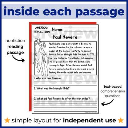 American Revolution Reading Comprehension Passages + Questions
