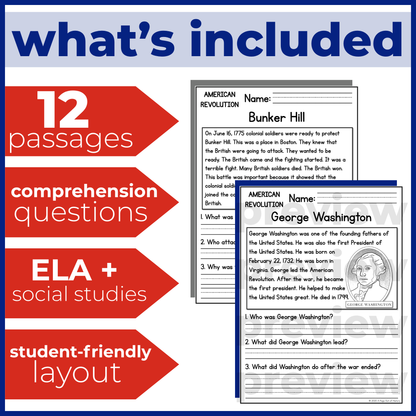 American Revolution Reading Comprehension Passages + Questions