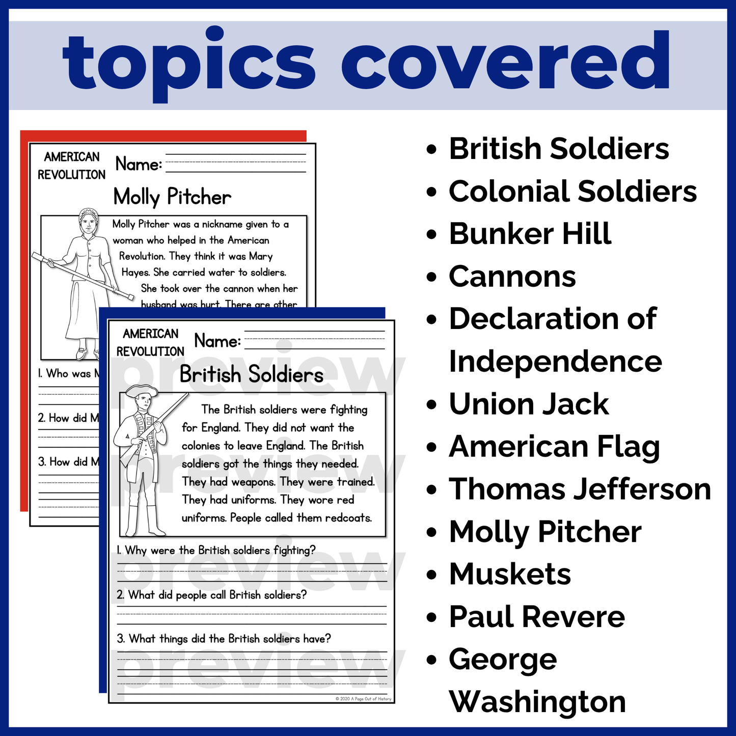 American Revolution Reading Comprehension Passages + Questions