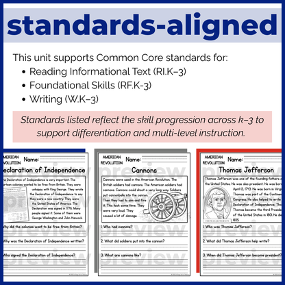American Revolution Reading Comprehension Passages + Questions