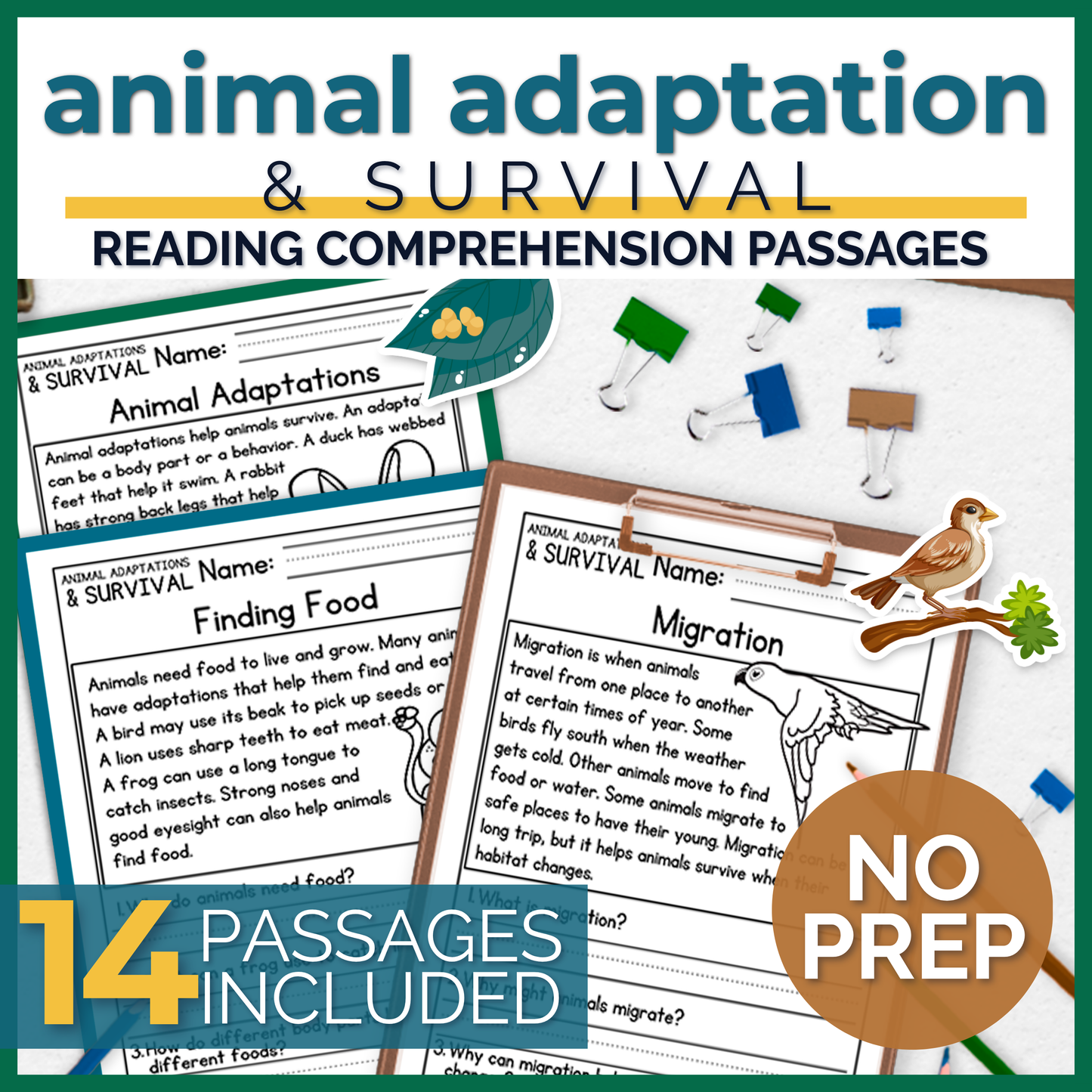 Animal Adaptations & Survival Reading Comprehension Passages + Questions