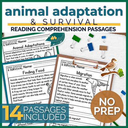 Animal Adaptations & Survival Reading Comprehension Passages + Questions