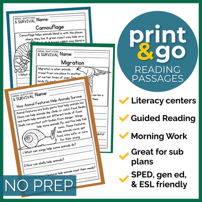 Animal Adaptations & Survival Reading Comprehension Passages + Questions