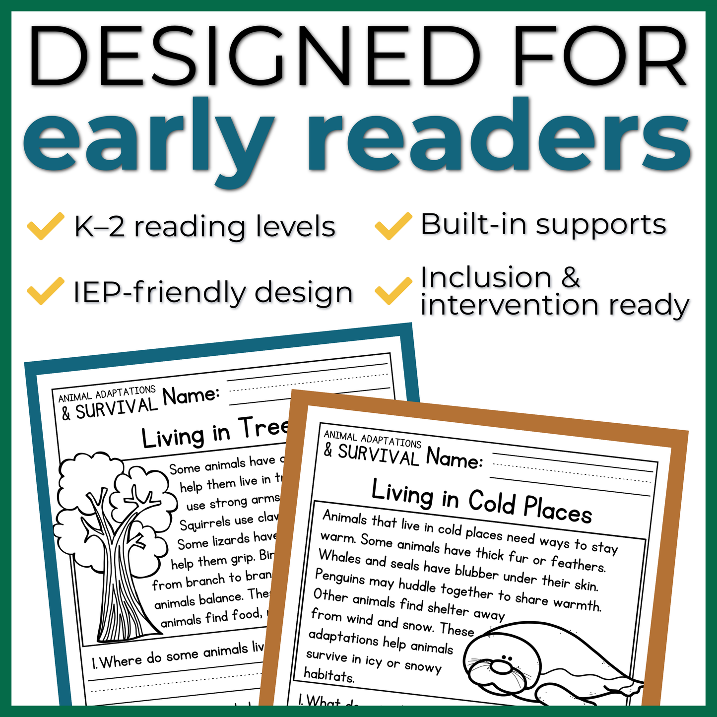 Animal Adaptations & Survival Reading Comprehension Passages + Questions