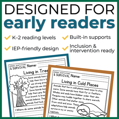 Animal Adaptations & Survival Reading Comprehension Passages + Questions