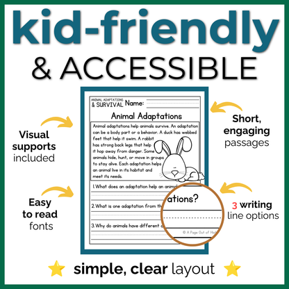 Animal Adaptations & Survival Reading Comprehension Passages + Questions
