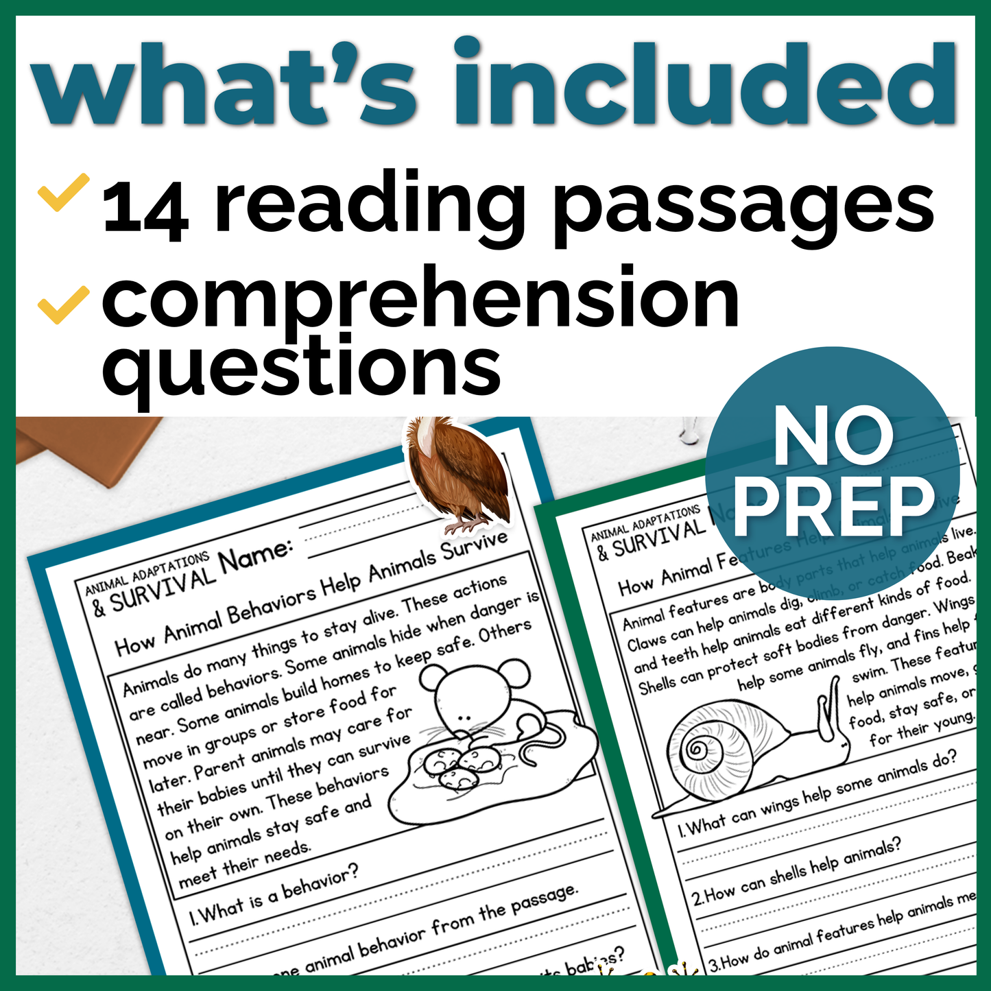 Animal Adaptations & Survival Reading Comprehension Passages + Questions
