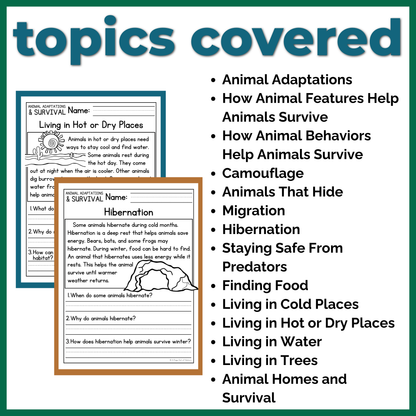 Animal Adaptations & Survival Reading Comprehension Passages + Questions