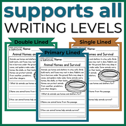 Animal Adaptations & Survival Reading Comprehension Passages + Questions