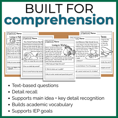 Animal Adaptations & Survival Reading Comprehension Passages + Questions