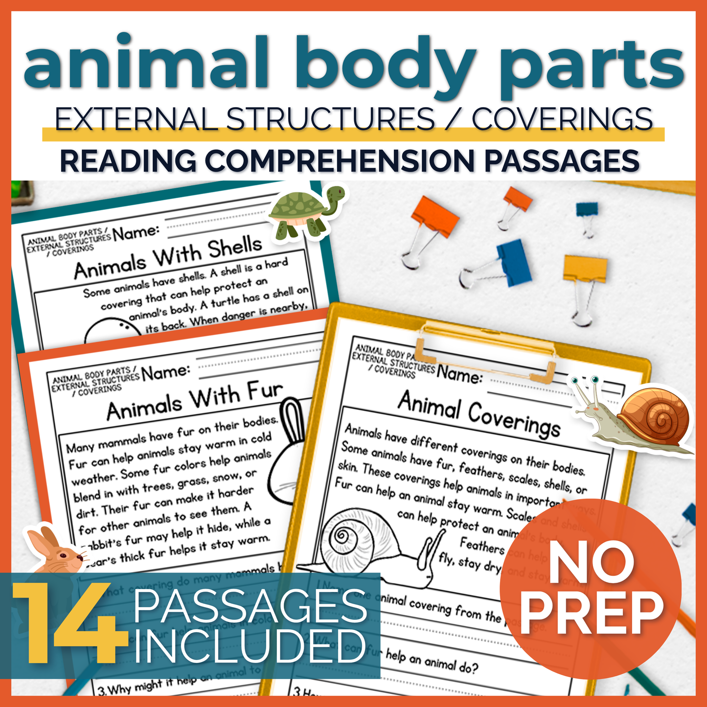 Animal Body Parts / External Structures / Coverings Reading Comprehension Passages + Questions