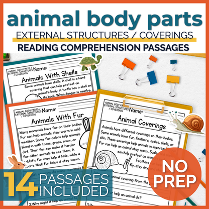 Animal Body Parts / External Structures / Coverings Reading Comprehension Passages + Questions