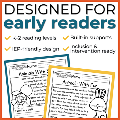 Animal Body Parts / External Structures / Coverings Reading Comprehension Passages + Questions