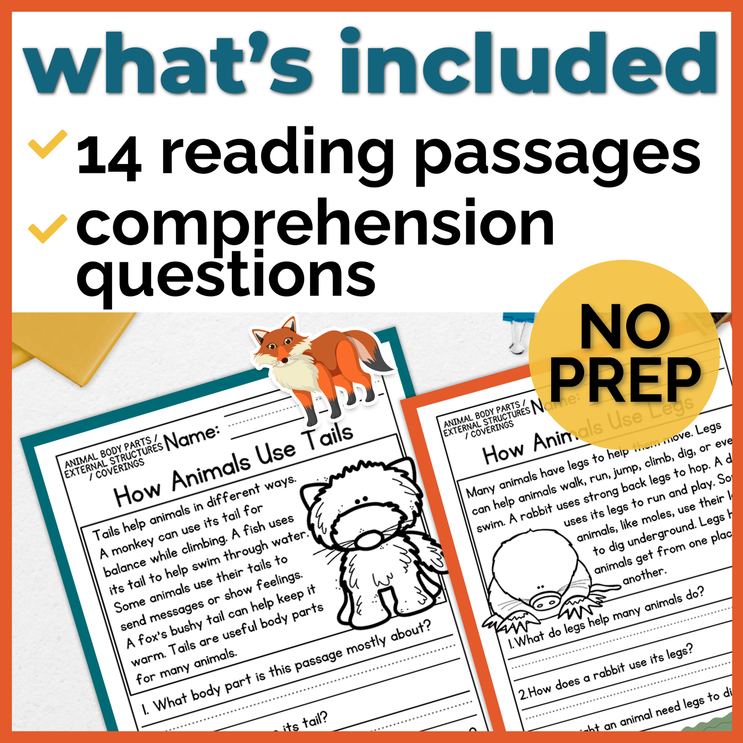 Animal Body Parts / External Structures / Coverings Reading Comprehension Passages + Questions
