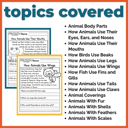 Animal Body Parts / External Structures / Coverings Reading Comprehension Passages + Questions