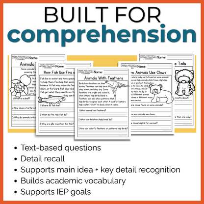 Animal Body Parts / External Structures / Coverings Reading Comprehension Passages + Questions