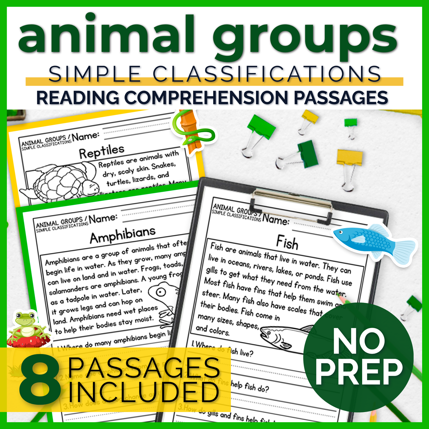 Animal Groups / Simple Classifications Reading Comprehension Passages + Questions