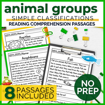 Animal Groups / Simple Classifications Reading Comprehension Passages + Questions