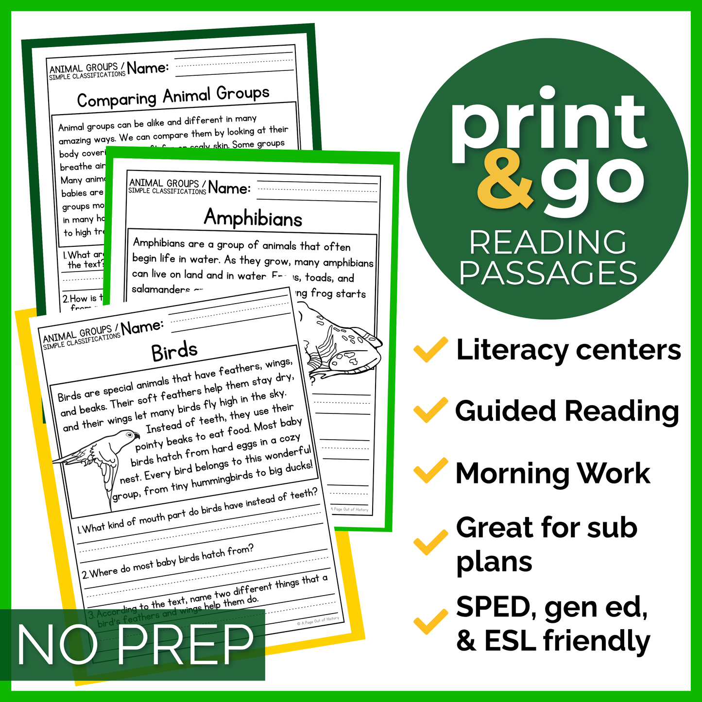 Animal Groups / Simple Classifications Reading Comprehension Passages + Questions