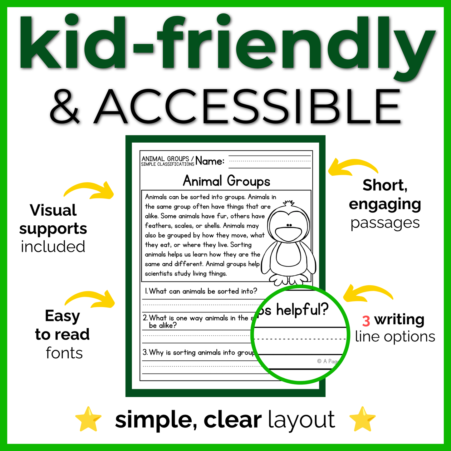 Animal Groups / Simple Classifications Reading Comprehension Passages + Questions