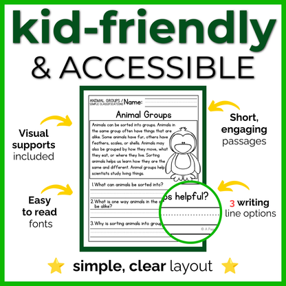 Animal Groups / Simple Classifications Reading Comprehension Passages + Questions