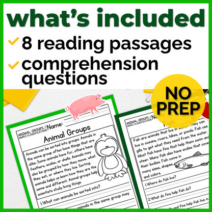 Animal Groups / Simple Classifications Reading Comprehension Passages + Questions