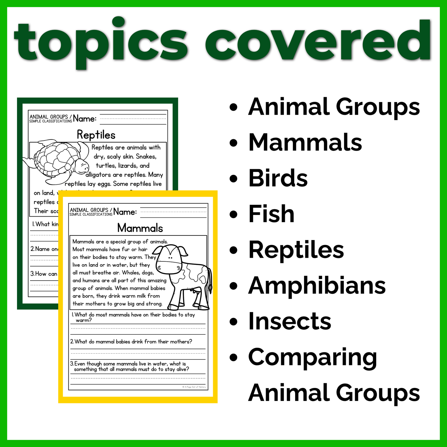 Animal Groups / Simple Classifications Reading Comprehension Passages + Questions