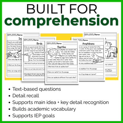 Animal Groups / Simple Classifications Reading Comprehension Passages + Questions