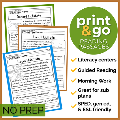 Animal Habitats & Ecosystems Reading Comprehension Passages + Questions