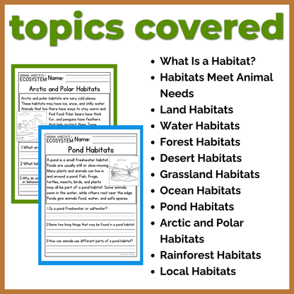 Animal Habitats & Ecosystems Reading Comprehension Passages + Questions