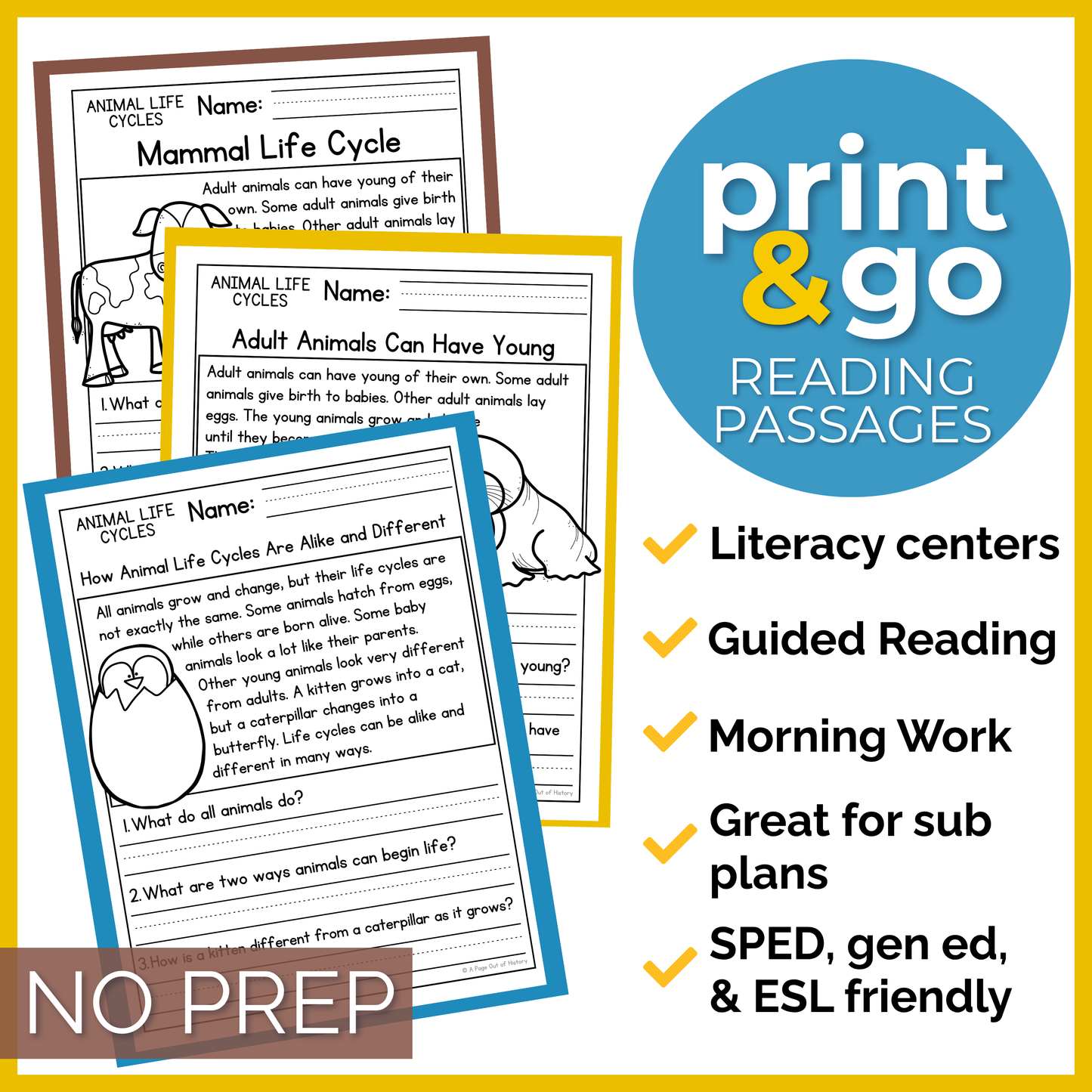 Animal Life Cycles Reading Comprehension Passages + Questions