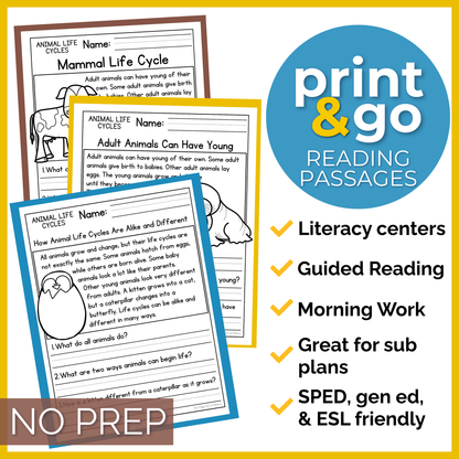 Animal Life Cycles Reading Comprehension Passages + Questions