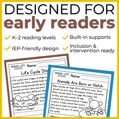 Animal Life Cycles Reading Comprehension Passages + Questions