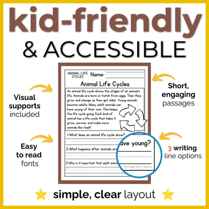 Animal Life Cycles Reading Comprehension Passages + Questions