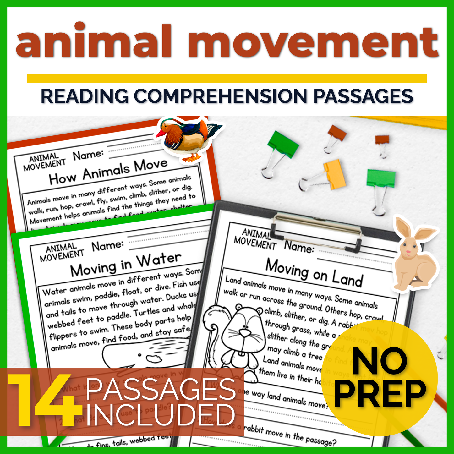Animal Movement Reading Comprehension Passages + Questions