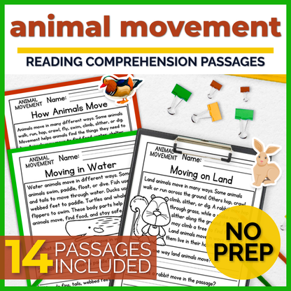 Animal Movement Reading Comprehension Passages + Questions